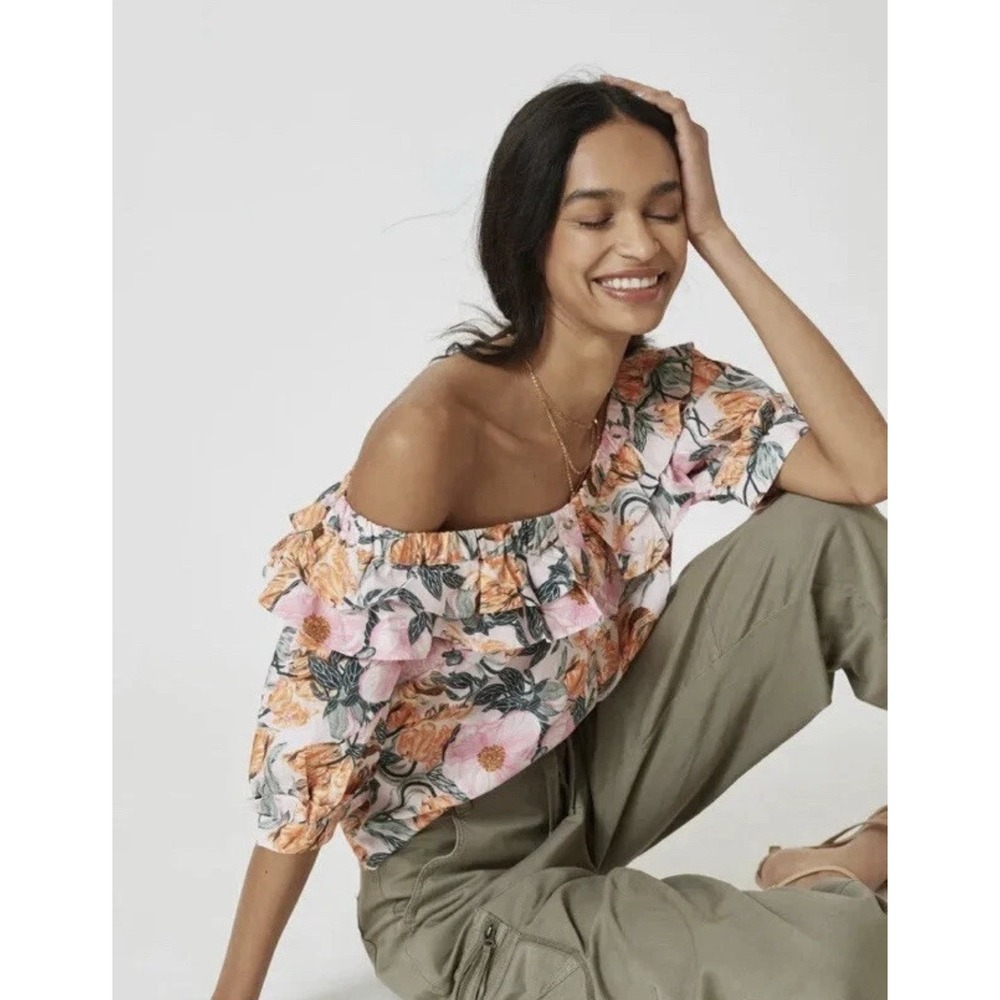 Cecilia Pettersson Anthropologie Blouse Small Floral Ruffle Neck Boho Cotton Top